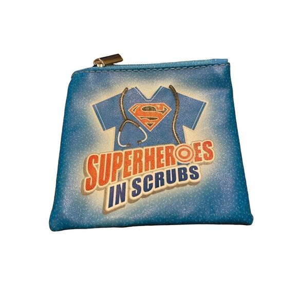 4” x 4” Superheroes In Scrubs Coin Purse Pouch Medical Field Essential Workers - Picture 1 of 4
